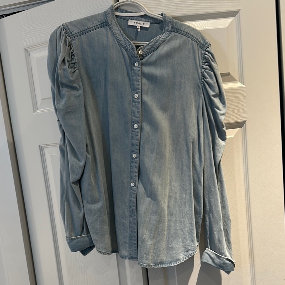 Frame Denim Blue Button Down Shirt with Ruffled Sleeves